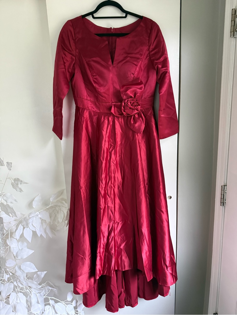 Red Satin Midi Dress with Floral Waist Accent